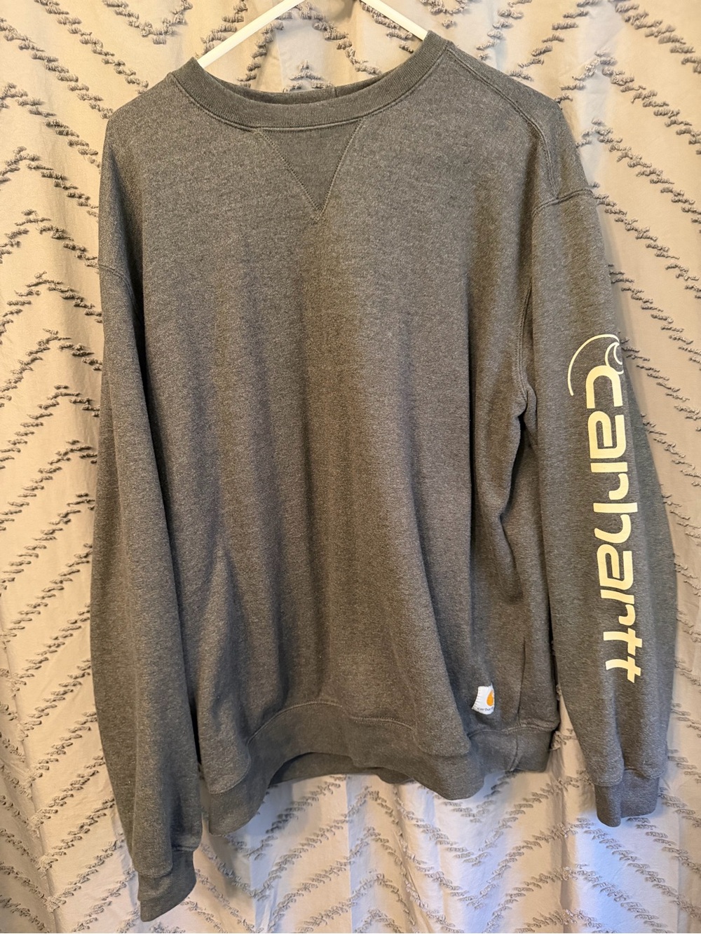 Carhartt Men's Heather Gray Crewneck with Yellow Sleeve Logo